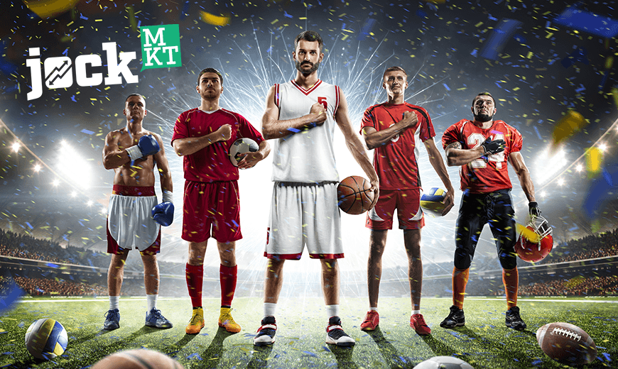 Boxer, soccer player, basketball player, volleyball player, football player standing in a stadium and the Jock MKT logo
